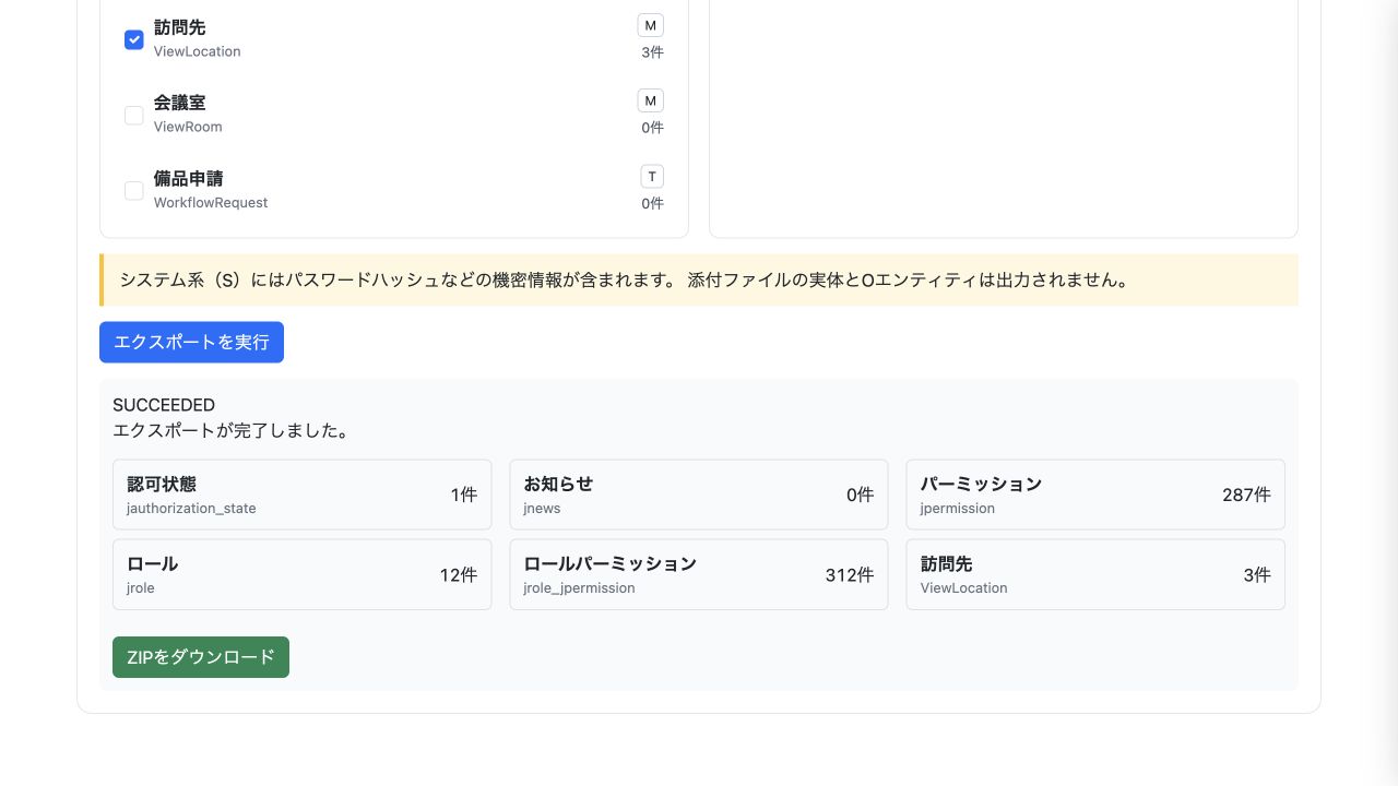 訪問先を選択した出力結果。訪問先3件に加え、ロールなどのシステム情報も含まれています。