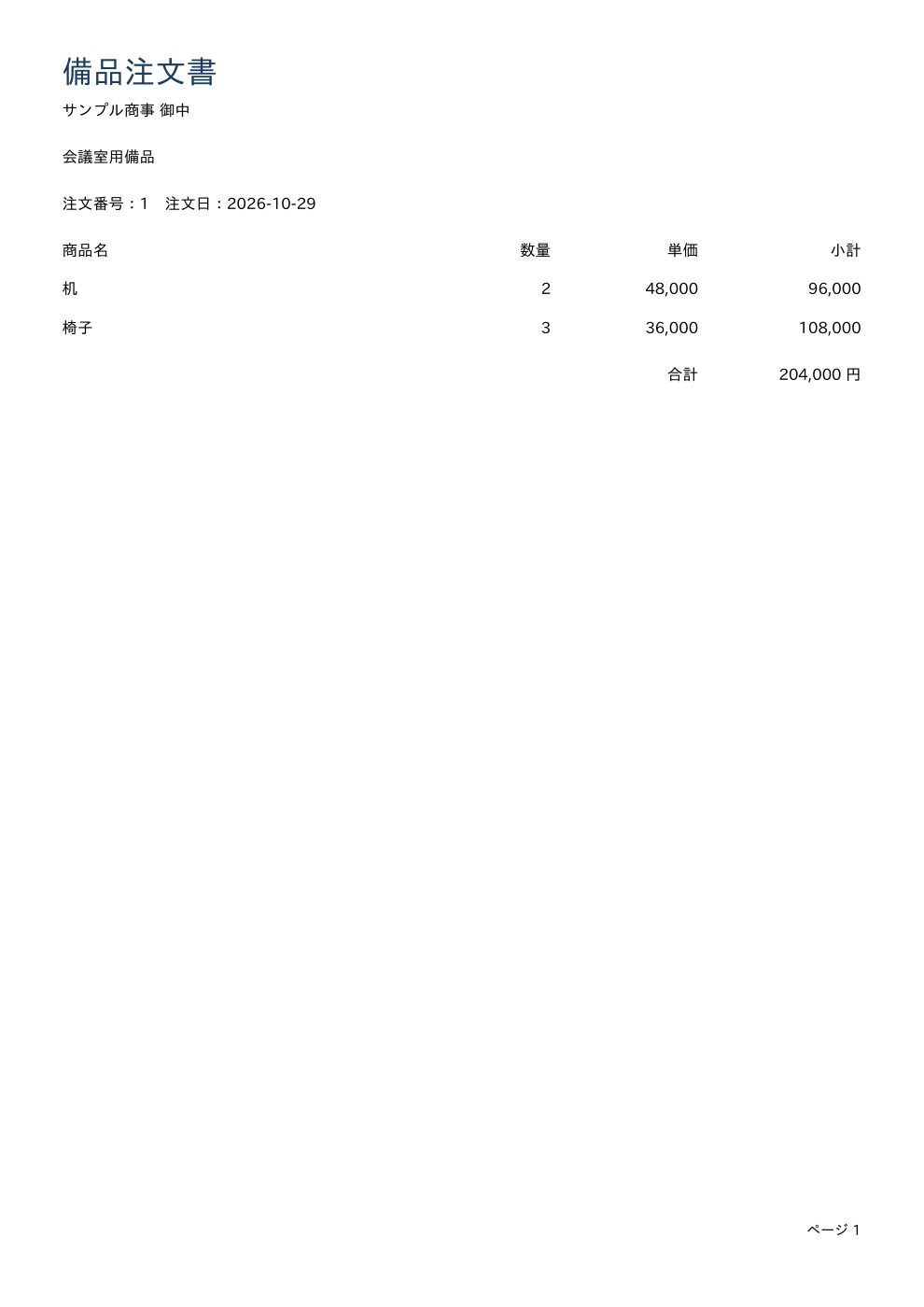 明細2行、小計96,000円と108,000円、合計204,000円を表示した備品注文書。