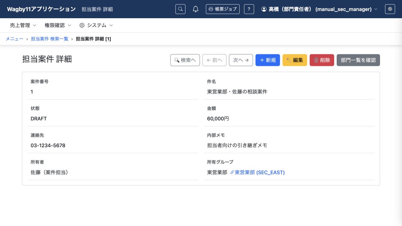 部門責任者には新規登録・編集・削除の操作を提供する例です。