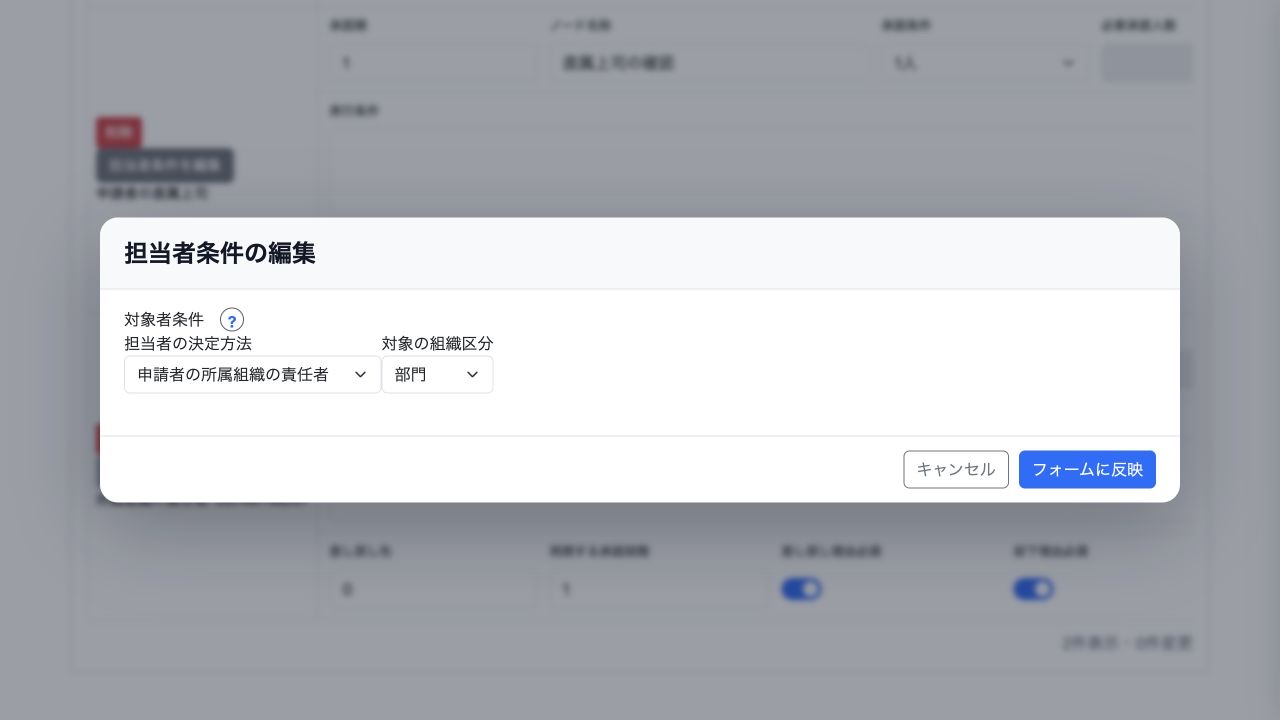 申請者の主所属からたどり、指定した組織区分の責任者を求める設定です。