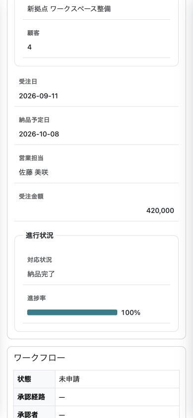モバイルの受注詳細でも、受注金額を3桁区切り・右寄せで確認できます。